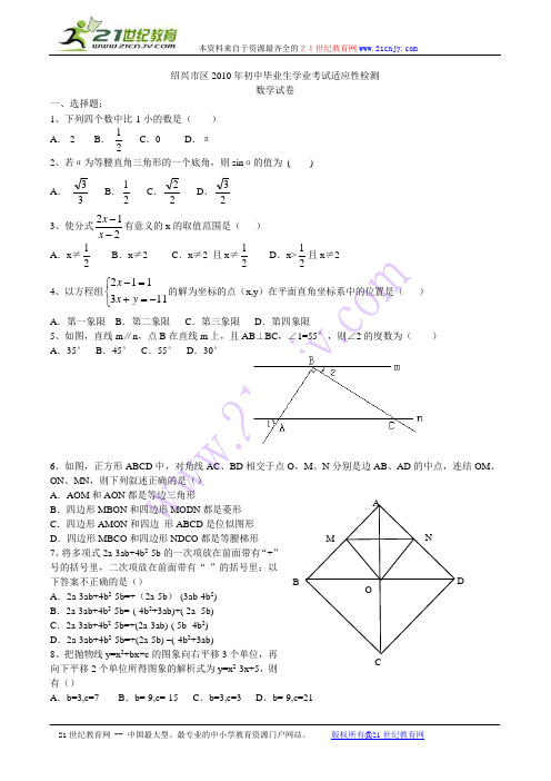 绍兴市区2010年初中毕业生学业考试适应性检测数学试卷