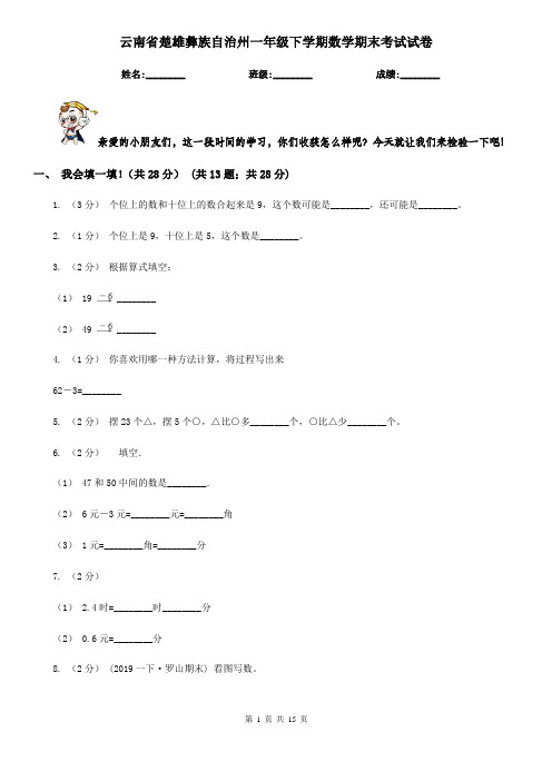 云南省楚雄彝族自治州一年级下学期数学期末考试试卷