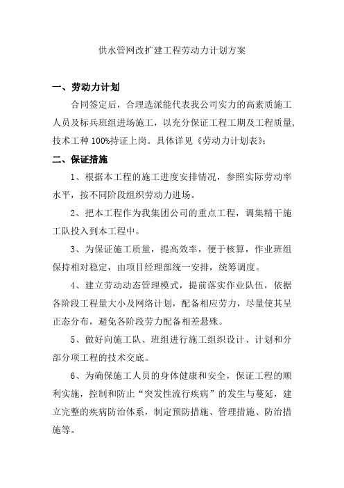 供水管网改扩建工程劳动力计划方案