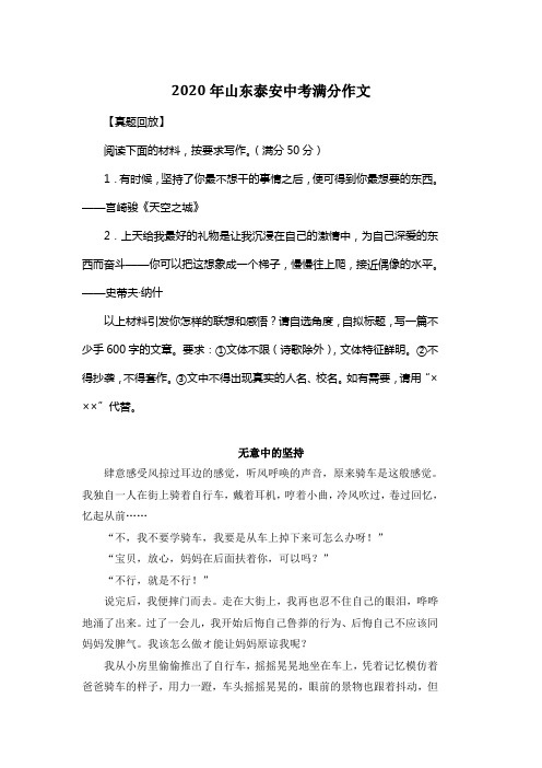 2020年山东泰安中考满分作文《无意中的坚持》