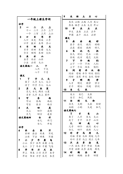 一年级上册生字词汇总