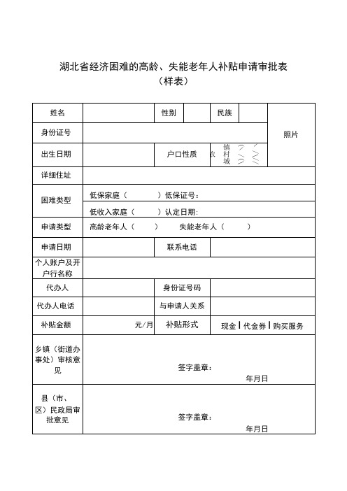 湖北省经济困难的高龄、失能老年人补贴申请审批表样表