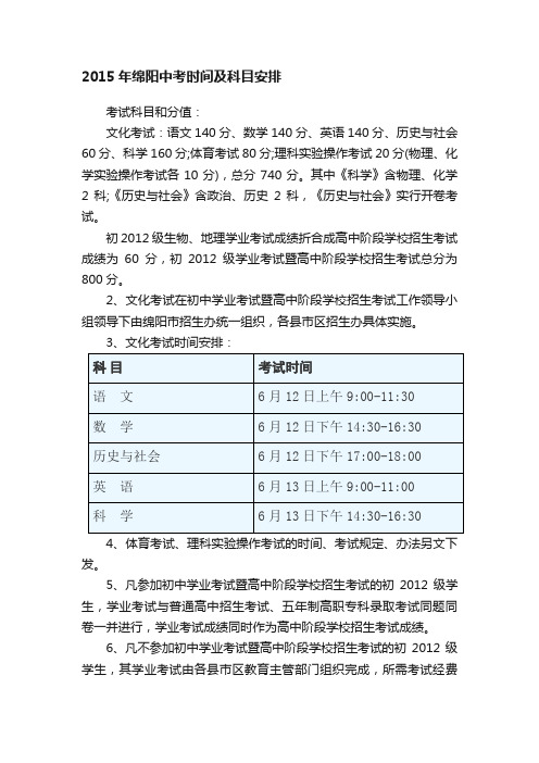 2015年绵阳中考时间及科目安排