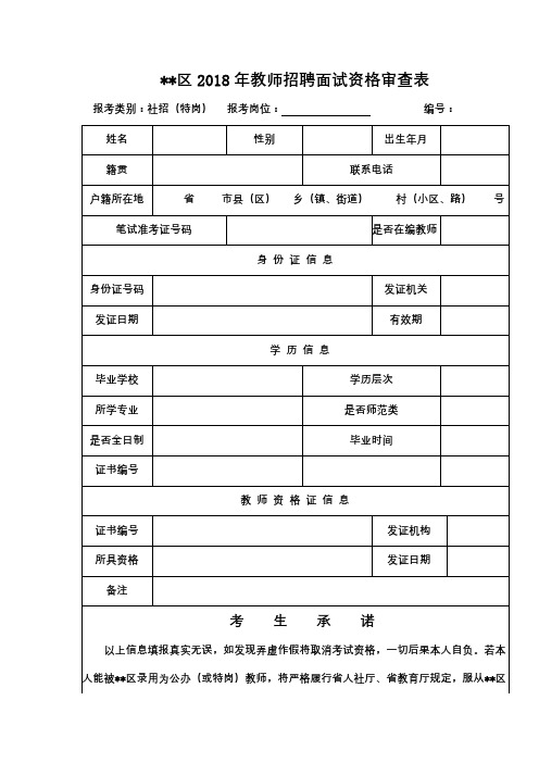 XX区2018年教师招聘面试资格审查表【模板】