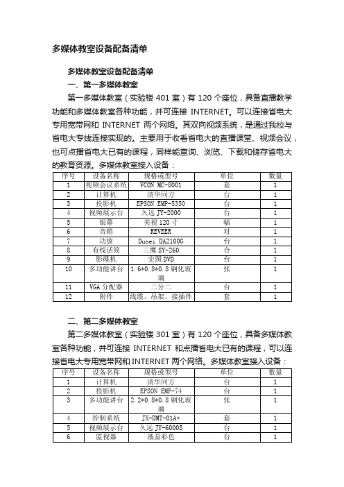 多媒体教室设备配备清单