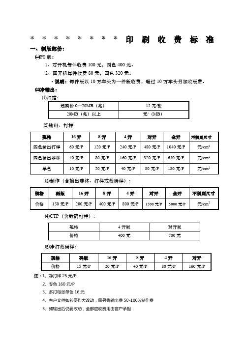 印刷收费标准