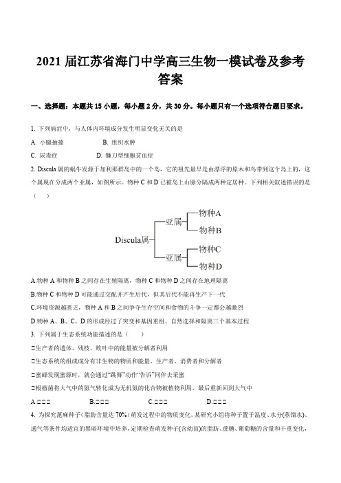 2021届江苏省海门中学高三生物一模试卷及参考答案