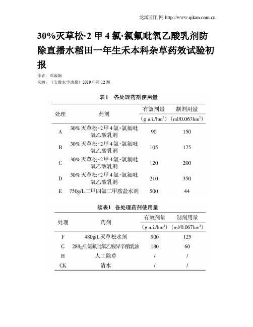 30%灭草松·2甲4氯·氯氟吡氧乙酸乳剂防除直播水稻田一年生禾本科杂草药效试验初报