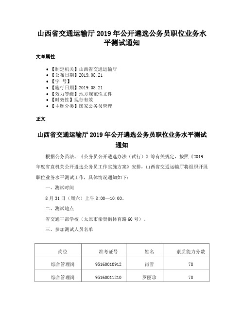 山西省交通运输厅2019年公开遴选公务员职位业务水平测试通知