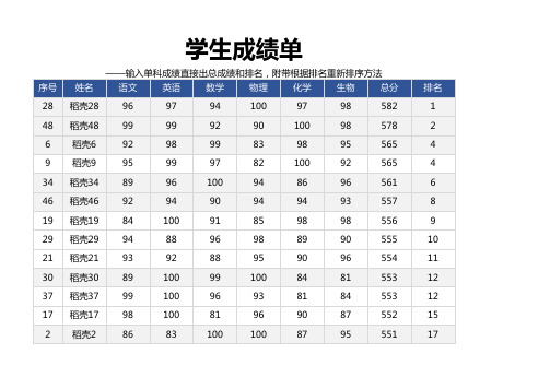 学生成绩单自动排名及排序(简约设计)