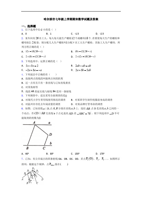 哈尔滨市七年级上学期期末数学试题及答案