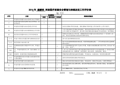 科室医疗质量安全管理与持续改进工作评价表(麻醉科)2016年01月