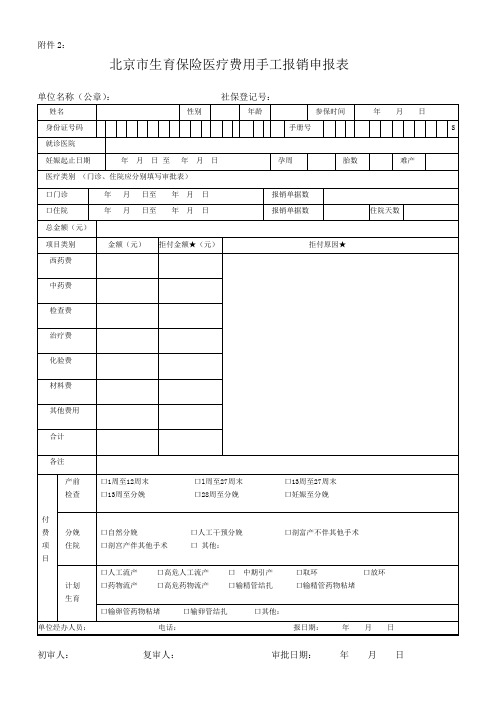 北京市生育保险医疗费用手工报销申报表