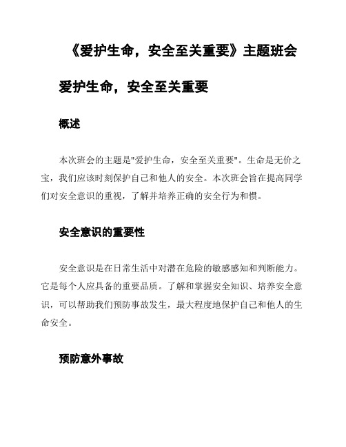 《爱护生命,安全至关重要》主题班会