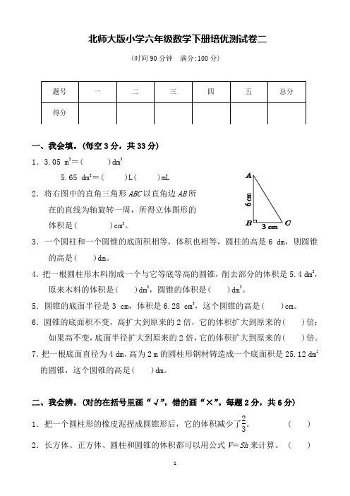 北师大版小学六年级数学下册培优测试卷二(含答案)