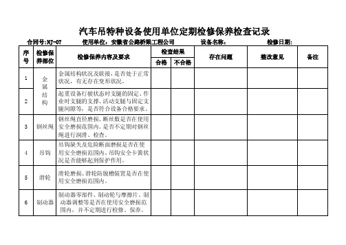 汽车吊特种设备检修保养检查记录