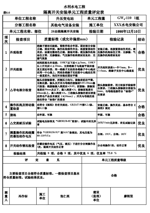 表6.6 隔离开关安装单元工程质量评定表(例表)