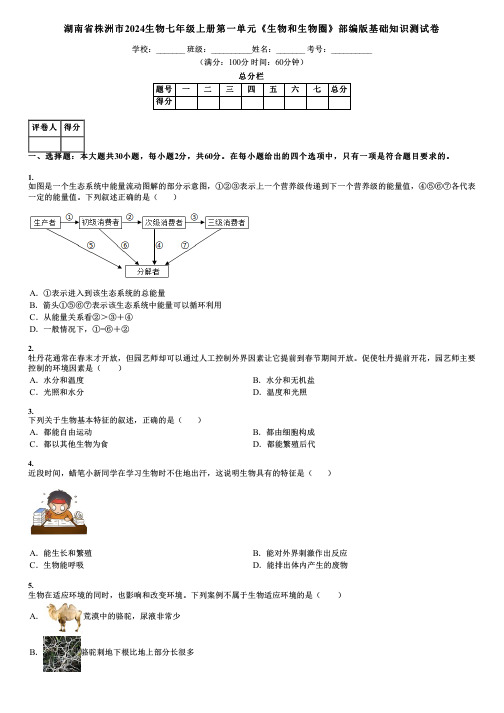 湖南省株洲市2024生物七年级上册第一单元《生物和生物圈》部编版基础知识测试卷