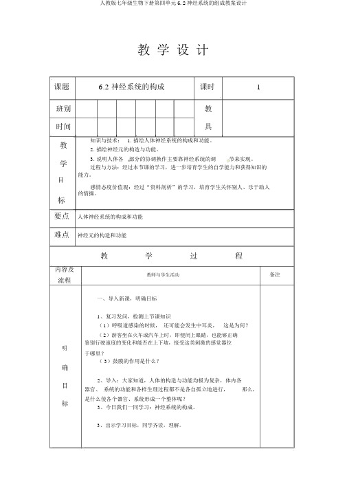 人教版七年级生物下册第四单元6.2神经系统的组成教案设计