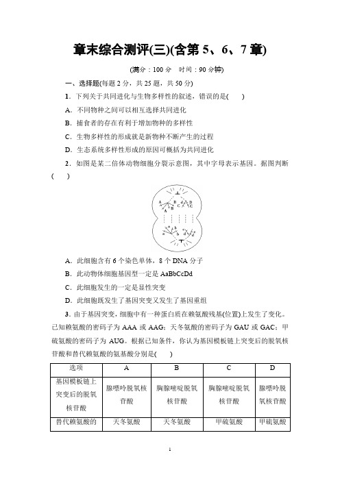 人教版必修二生物 章末综合测评(含第5、6、7章)