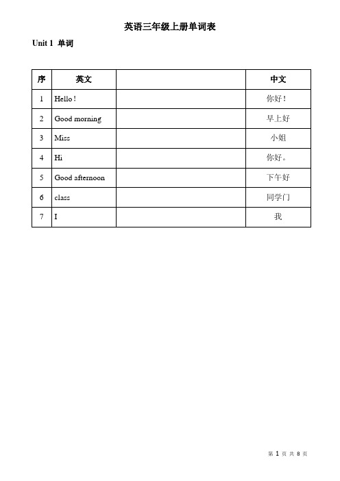 苏教版三年级上册英语单词表