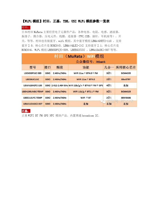 【WiFi模组】村田,正基,TDK,USI WiFi模组参数一览表