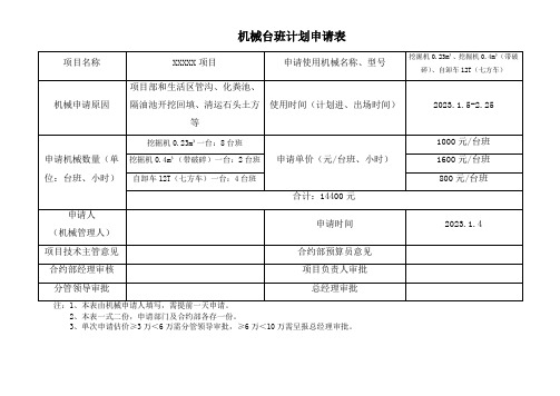 工程项目机械台班计划申请表通用模板