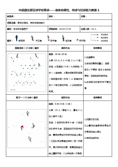 中超俱乐部足球学校青训——身体协调性、传球与控球能力教案1