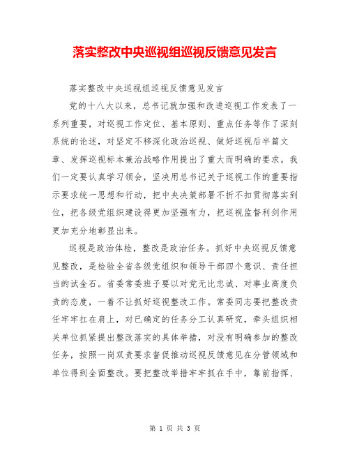 落实整改中央巡视组巡视反馈意见发言