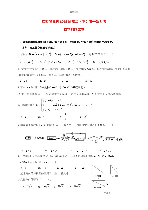 江西省樟树市2016_2017学年高二数学下学期第一次月考试题文