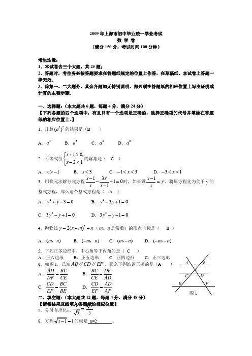 2009上海市中考数学及答案