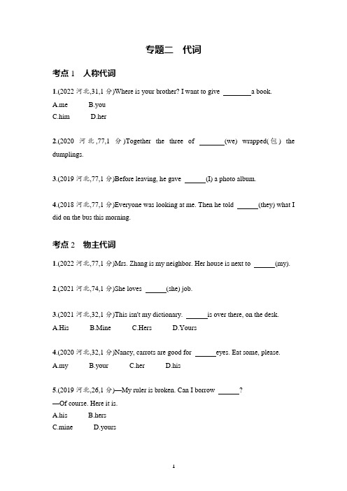 备战2023年中考英语二轮专题复习 专题二 代词  原卷版(河北专版)