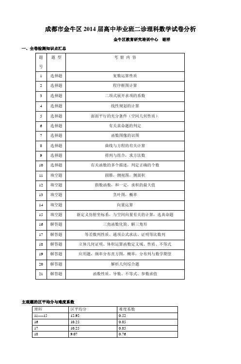 成都市金牛区2014届高中毕业班二诊理科数学