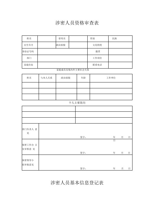 涉密人员管理表格汇总