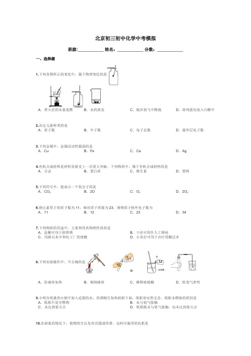 北京初三初中化学中考模拟带答案解析
