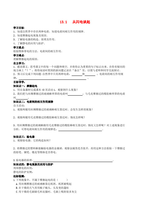 九年级物理上册 13.1 从闪电谈起学案粤教沪版