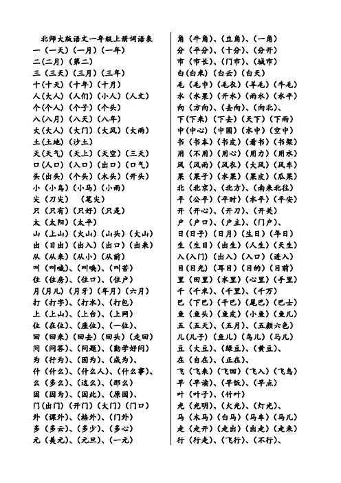 一年级上册生字表二的组词