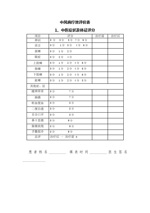 中风病疗效评价表