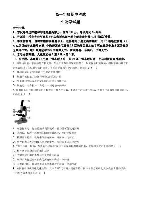 辽宁省朝阳市朝阳市重点中学期中高一联考2024-2025学年高一上学期11月期中生物试题(有答案)