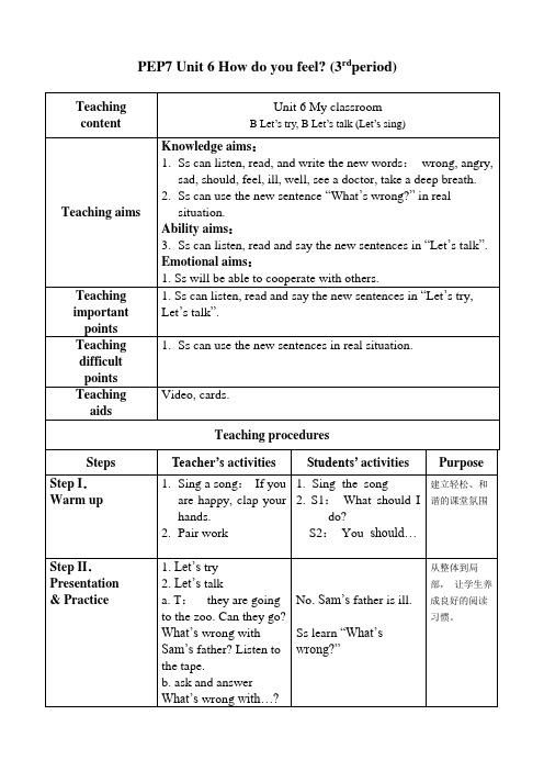 人教(PEP)2011版六年级上册小学英语《Unit 6  How do you feel  B》教学设计_16