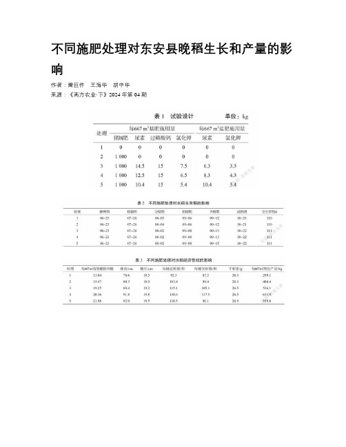 不同施肥处理对东安县晚稻生长和产量的影响