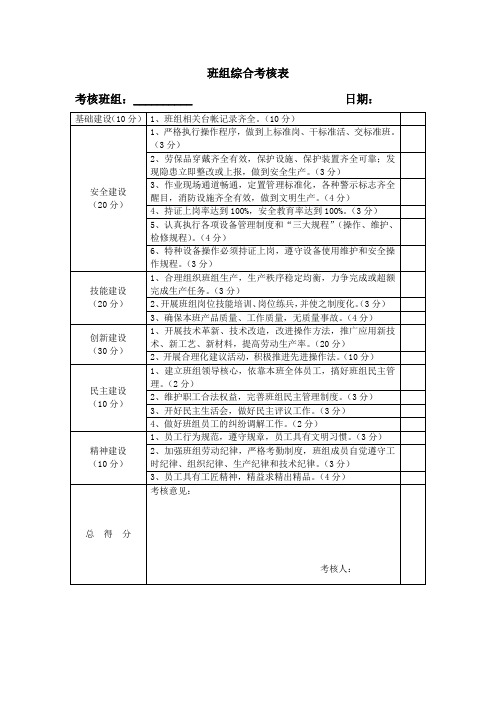 班组综合考核表