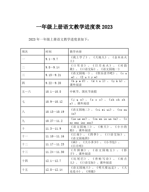 一年级上册语文教学进度表2023