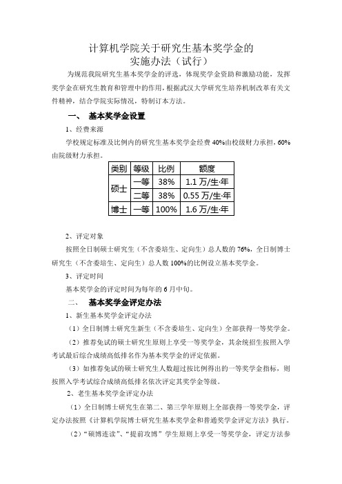 武汉大学计算机学院关于研究生基本奖学金的实施办法.doc