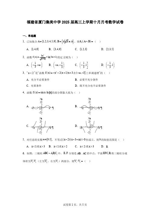 福建省厦门集美中学2025届高三上学期十月月考数学试卷