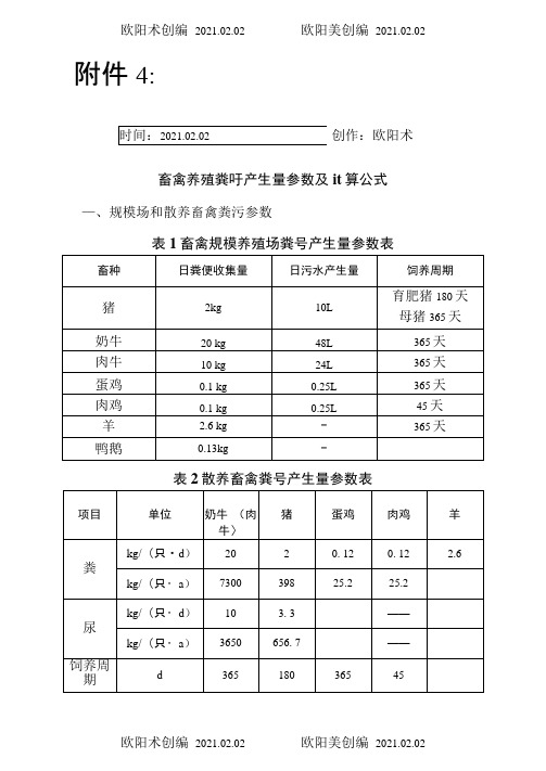 畜禽养殖粪污产生量参数及计算公式之欧阳术创编