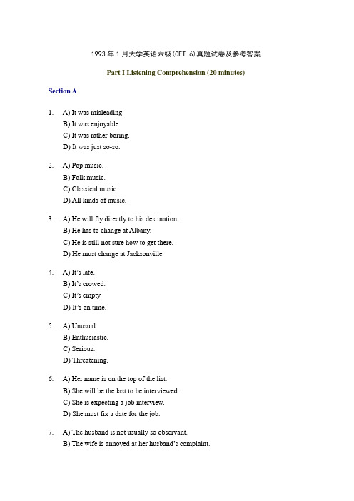 1993年1月大学英语六级(CET-6)真题试卷及参考答案