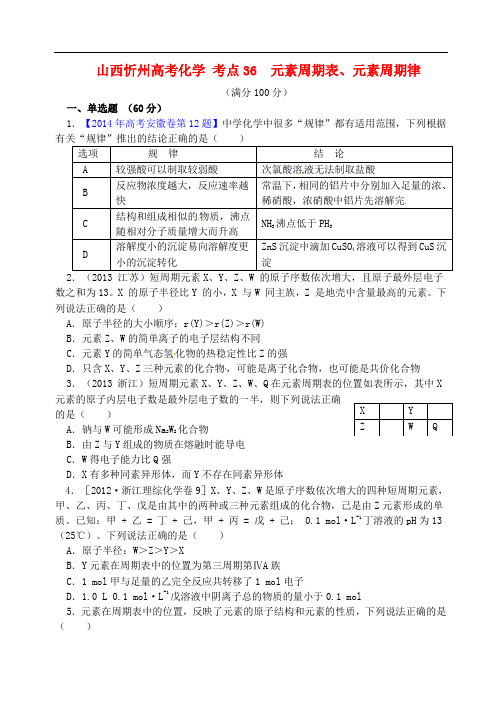 山西高考化学考点12元素周期表元素周期律测标题