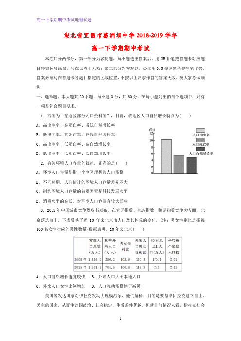 2018-2019学年湖北省宜昌市葛洲坝中学高一下学期期中考试地理试题