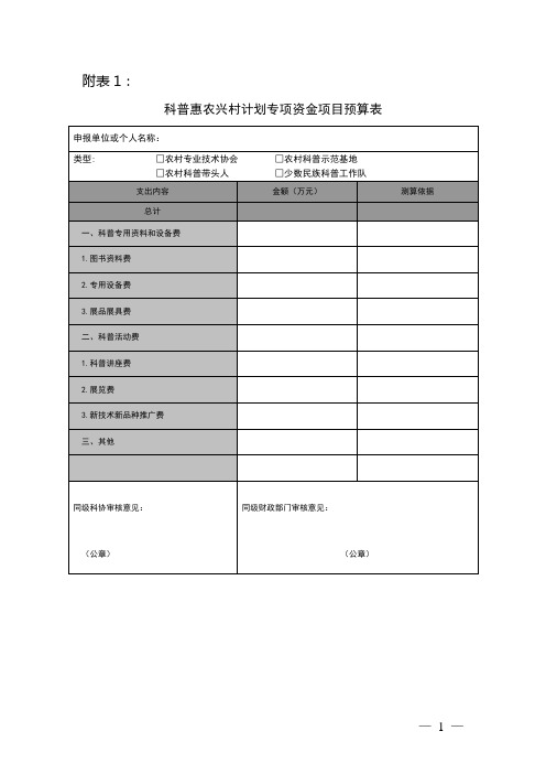 基层科普行动计划专项资金项目预算表